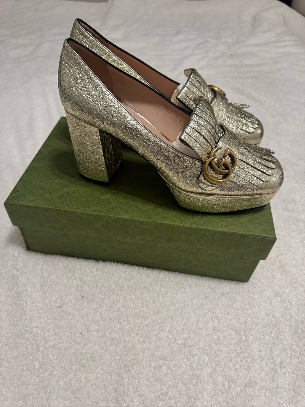 Gucci Metallic Gold Fringe Block Heel Loafers